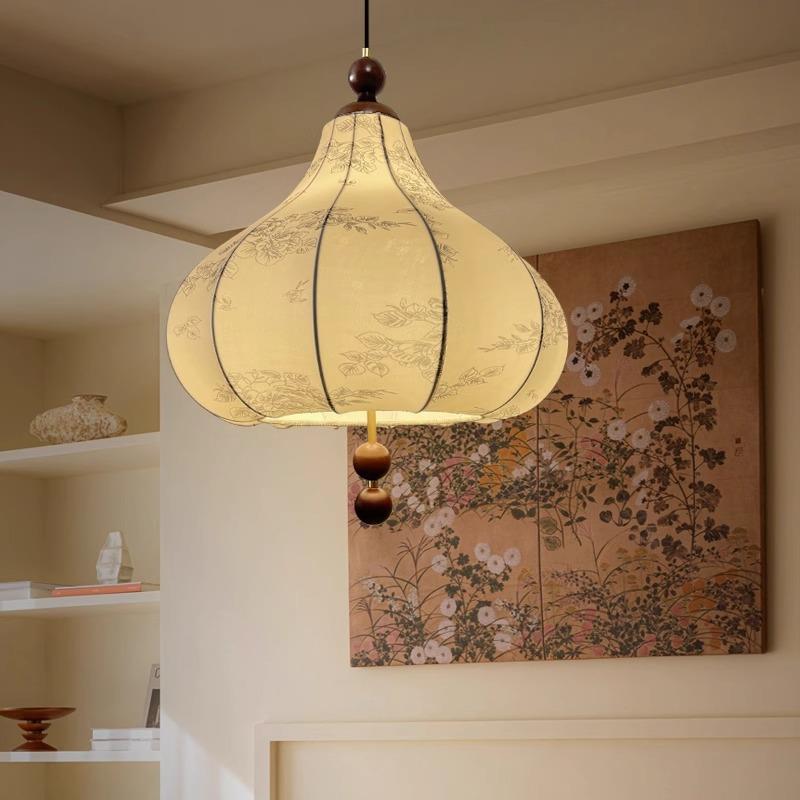 法式中古复古栗子吊灯新中式布艺花纹温馨吊灯南洋侘寂风餐厅灯具