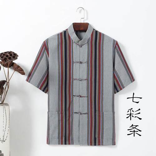 正品中国风棉粗布中纯式唐装年男青年短袖上衣太中老汉服夏季盘扣