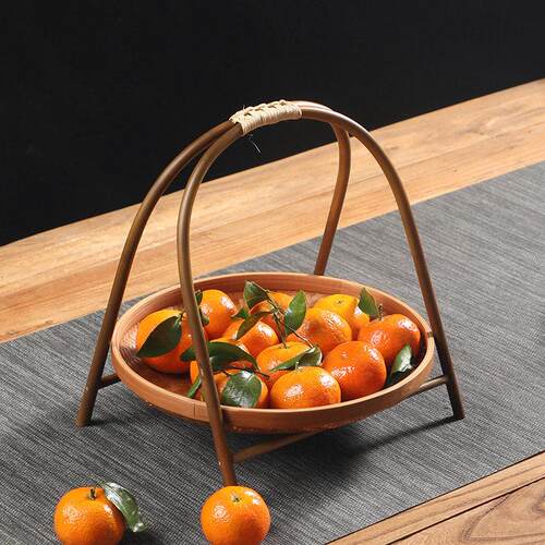 纯手工竹编彷古提篮家用圆形收纳筐糕点盘水果篮可拆卸中式竹篮子