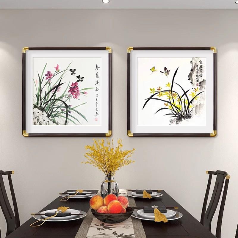 国画兰花挂画新中式餐厅装饰画饭厅餐桌背景墙水墨画玄关中式壁画