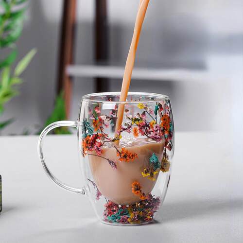 Creative Double Wall Glass Cup Real Flower Conch Flash Fille