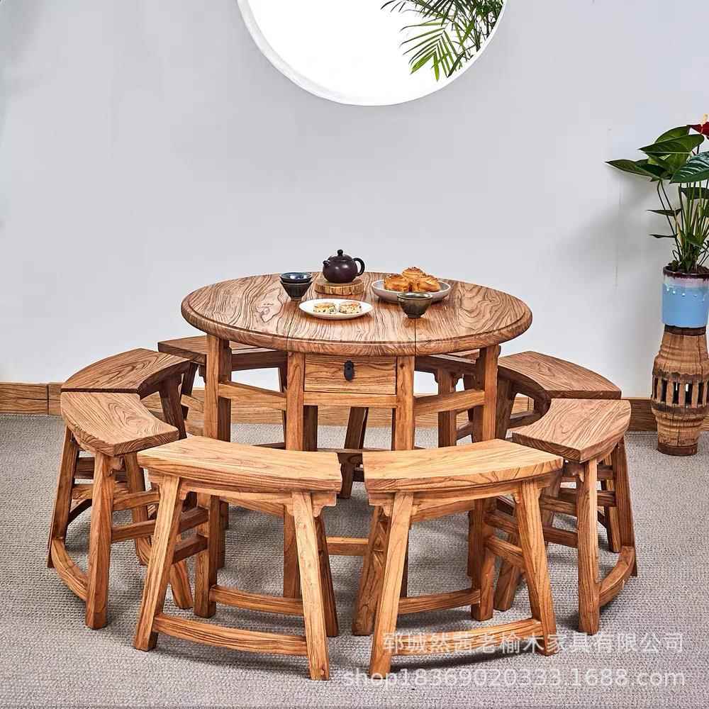 新中式老榆木餐桌家居方形圆形餐桌椅实木加厚饭桌多人位圆桌茶桌