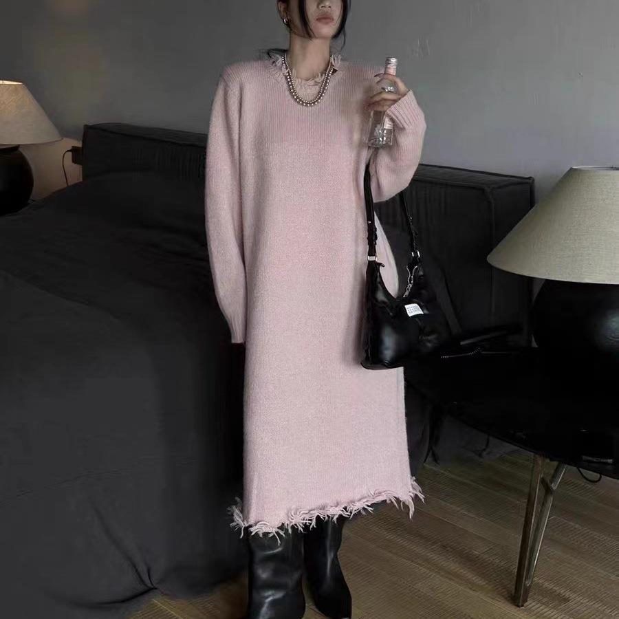 Tassel sweater dress round neck loose knitted dress