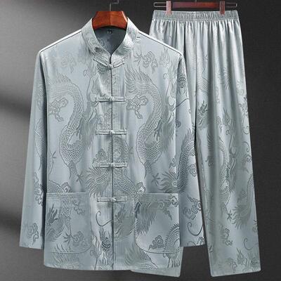 中国风中老年唐装男真丝爸爸春夏装老人衣服爷爷薄款长袖冰丝套装