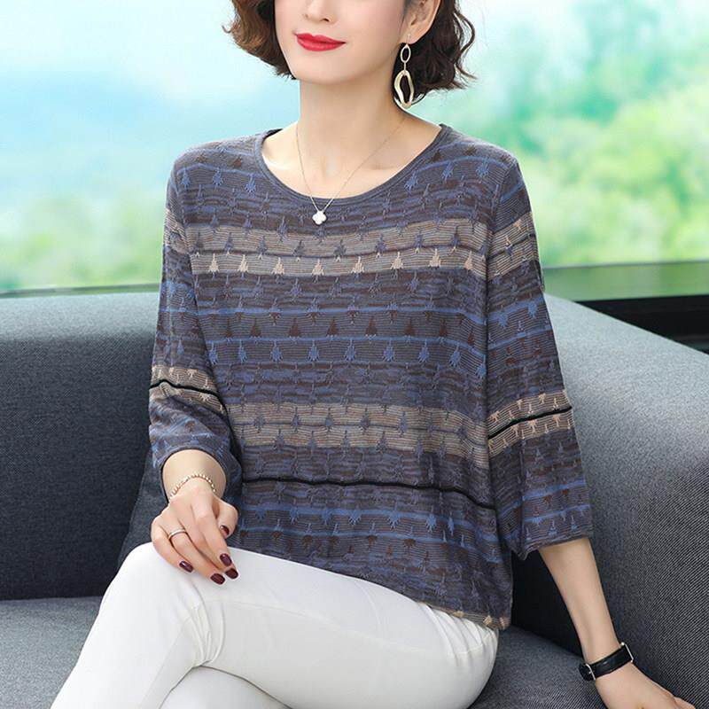 妈妈春夏装时尚洋气薄款中袖针织衫上衣中老年女宽松大码圆领t恤