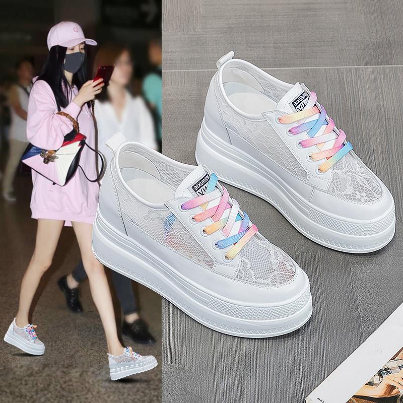真皮内增高小白鞋女2026夏季网纱镂空透气松糕鞋厚底运动休闲网鞋