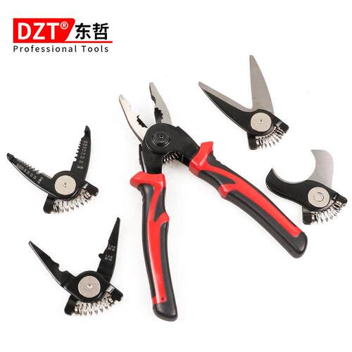 五合一老虎钳多功能电工剪线钳可换头式钢丝钳剥线钳五金工具套装
