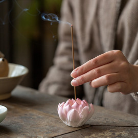 陶瓷莲花香插禅意香，薰炉家用沉香香盘手工荷花，线香香炉摆件熏香炉