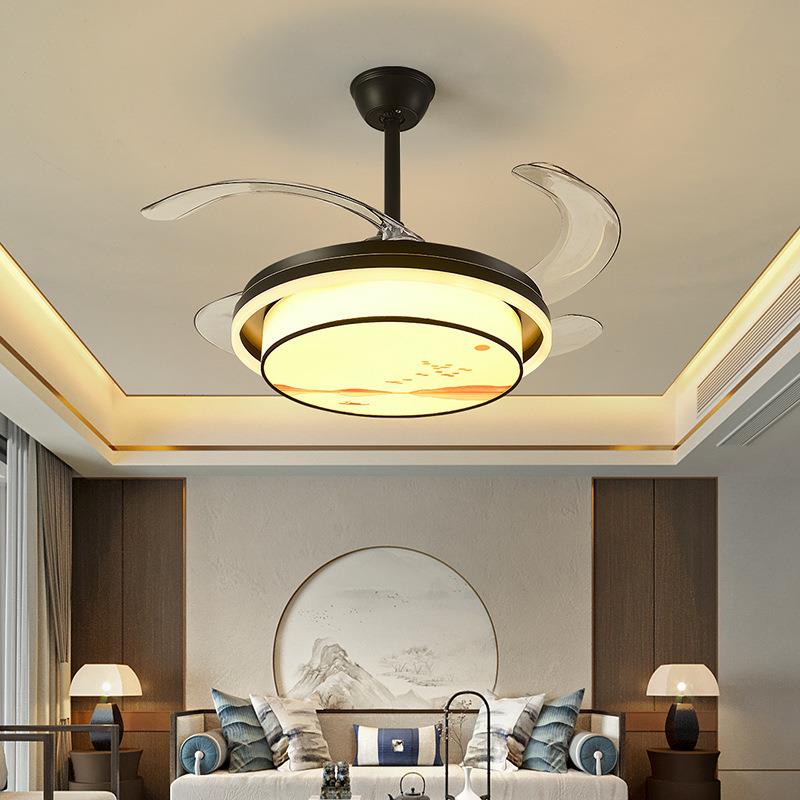 隐形吊扇灯 大风力餐厅带灯电风扇卧室客厅静音一体电扇灯新中式