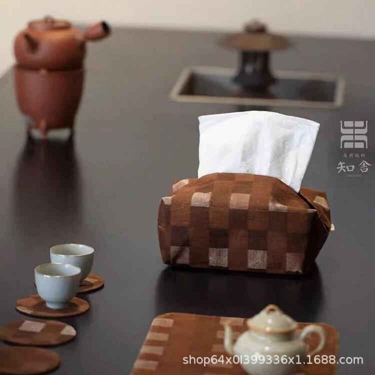 知舍手工香云纱编织格纹抽纸盒茶桌客厅车载新中式布复古抽纸袋