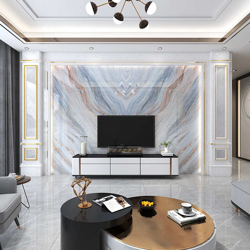 轻奢岩板电视背景墙客厅沙发简约现代美式别墅大理石瓷砖连纹大板
