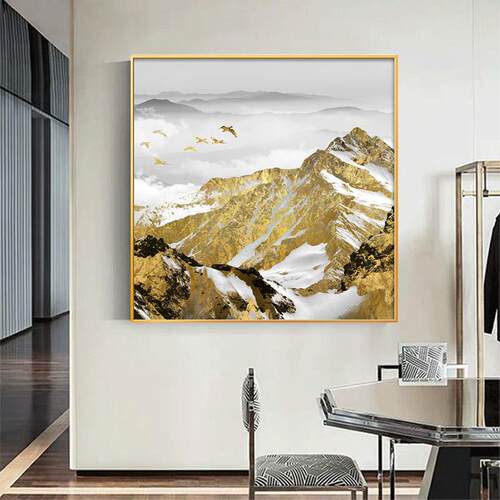 正方形金山画靠山图办公室书房玄关装饰画大气轻奢风水挂画墙壁画