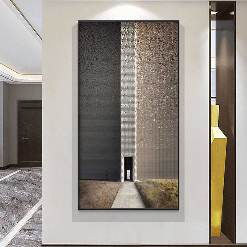 工业风空间延伸入户玄关装饰画立体建筑走廊挂画超长竖版过道壁画图片