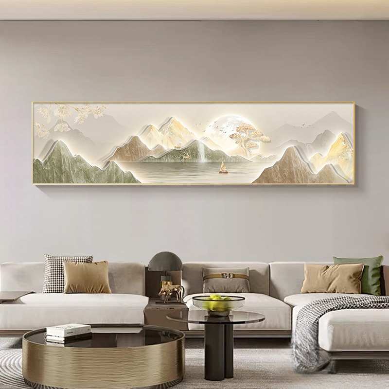 现代轻奢卧室装饰画背有靠山主卧床头横幅挂画客厅高级感山水壁画