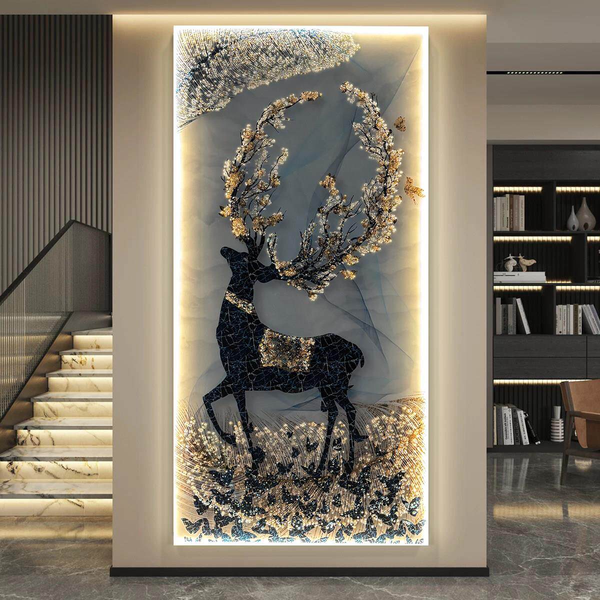 轻奢欧式入户玄关装饰画LED灯光画大气走廊过道挂画客厅竖版壁画