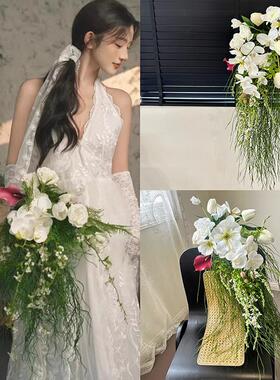 高级感水滴新娘白色瀑布彷真花婚纱摄影摄影拍照道具结婚手捧花