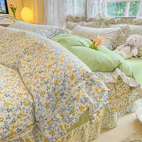 微甜集市！全棉床上用品四件套小清新韩式碎花被套田园风花边床单