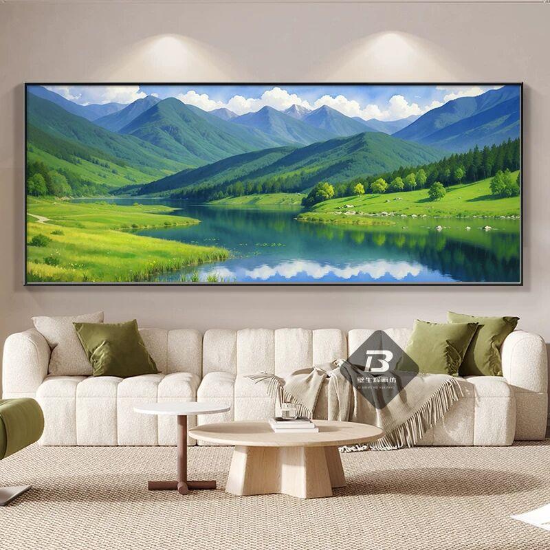 流水青山绿水生财办公室背景墙壁画客厅装饰画风景画山水沙发挂画