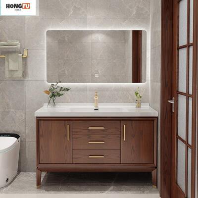 鸿嘉月新中式红木橡一体+65陶福盆落地浴室柜智能镜瓷柜组合洗漱