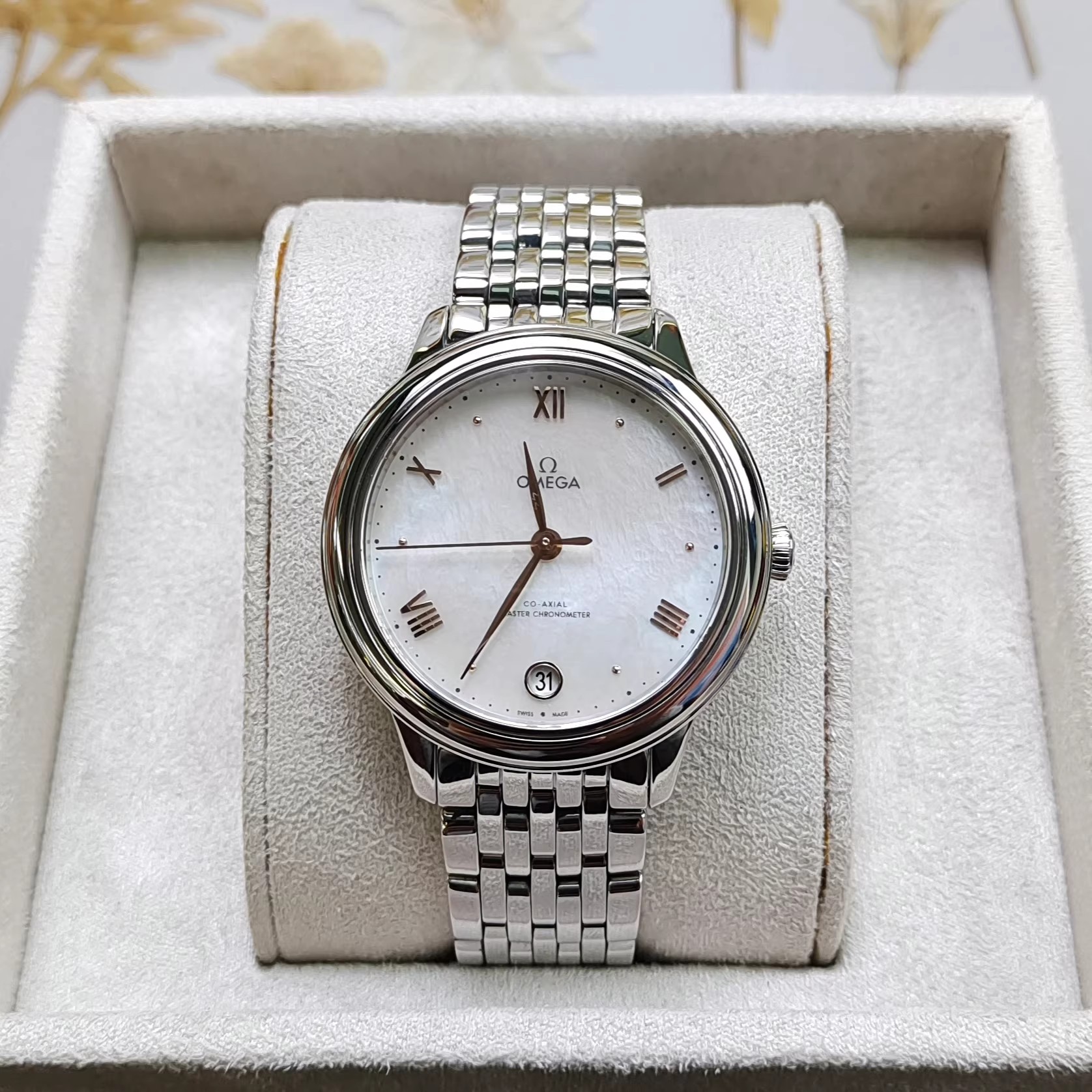 全套9.8新欧米茄碟飞手表贝母盘自动机械女表434.10.34.20.05.001