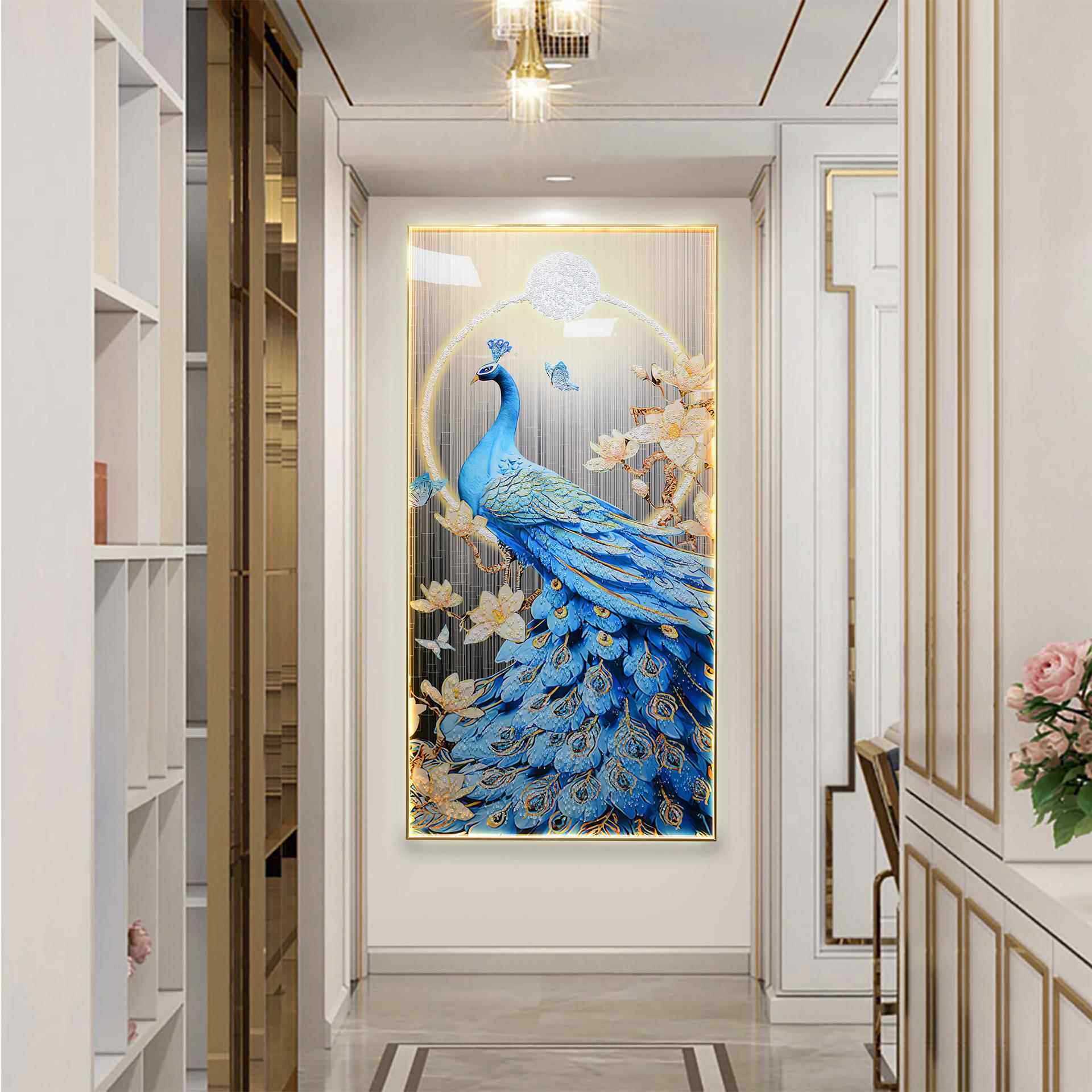 现代轻奢玄关LED灯带装饰画孔雀呈祥好寓意走廊过道壁画入户挂画图片