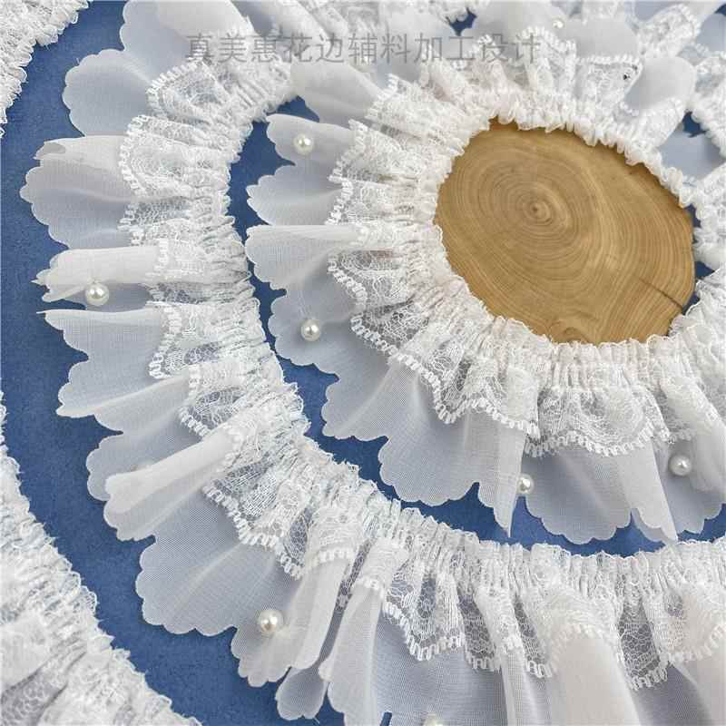 现货5厘米宽雪纺钉珠细密褶皱袖口裙摆宠物娃娃衣服蕾丝花边辅料