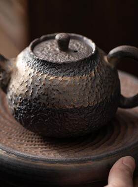 石纹正把壶手工复古日式粗陶小茶壶鎏金铁釉单壶普洱急需泡茶器