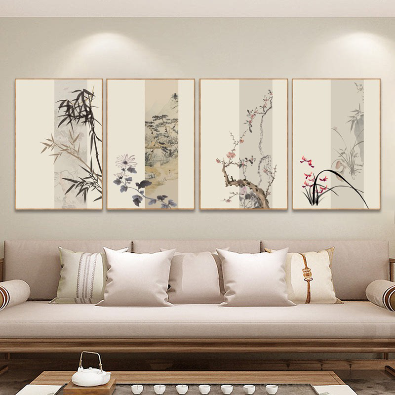 梅兰竹菊新中式现代客厅四条屏挂画四联四君子书房茶室壁画装饰画图片
