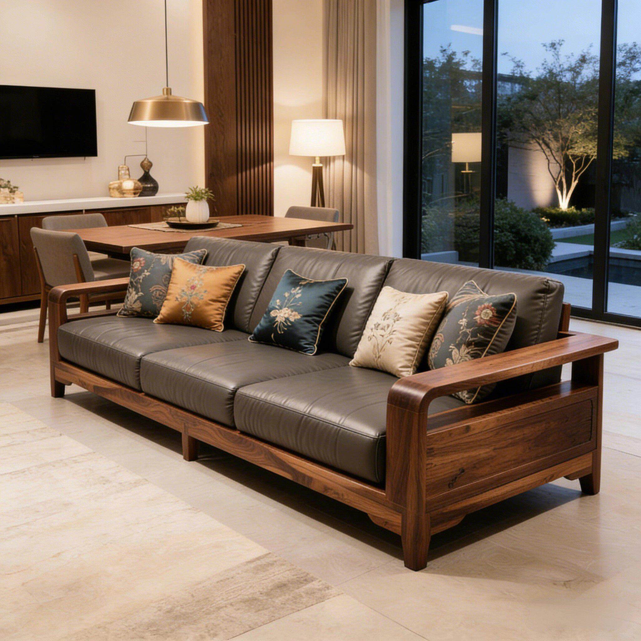 新中式实木沙发2026新款客厅家用高端黑胡桃木别墅真皮直排沙发