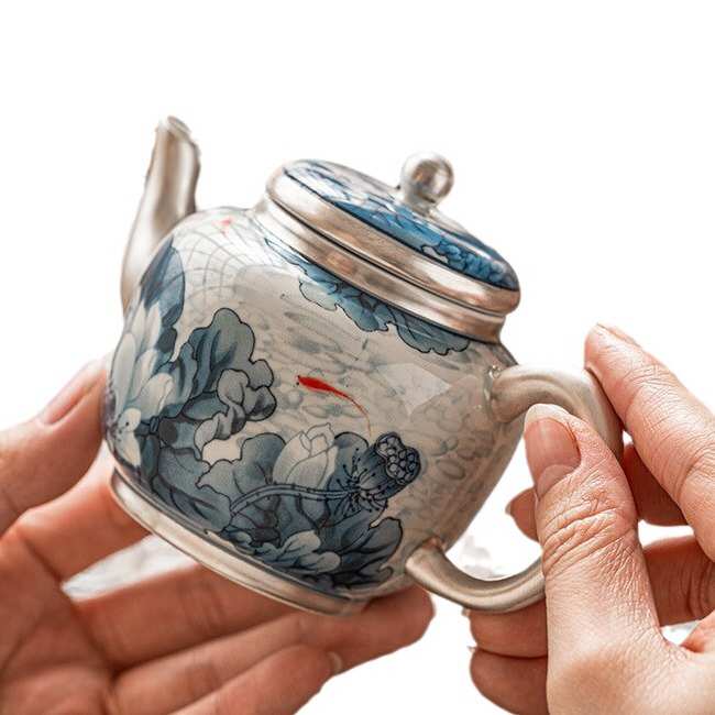 几欢鎏银鱼戏青荷手执壶陶瓷泡茶壶家用高档功夫茶具小号茶壶单壶