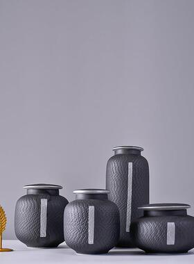 腾跃黑色纹盖罐新中式办公书装柜酒店饰T20001品样版间条术艺摆件