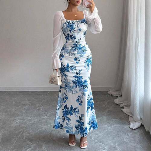 New Women ' s Square Neck Bowknot Chiffon Puff Sleeve Floral