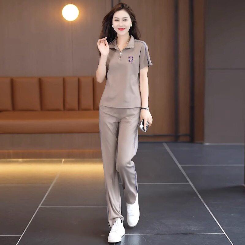 运动服休闲 套装女夏薄款2025新款洋派质显瘦冰丝时尚阔腿裤两件