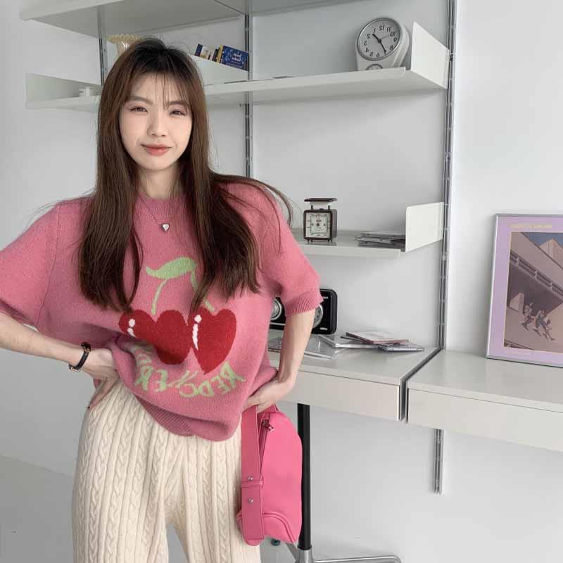 好货可爱粉色水果系列针织短袖毛衣女2026春秋季韩版宽松洋气T恤