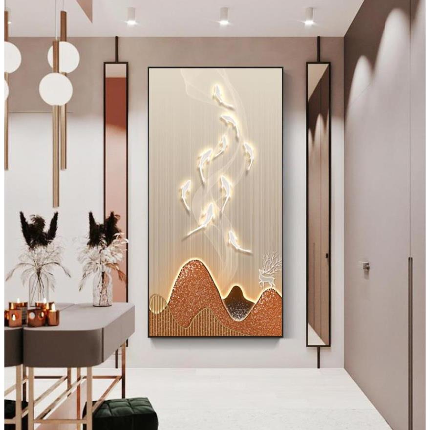 现代轻奢玄关LED灯带装饰画九鱼图好寓意走廊过道壁画入户挂画图片