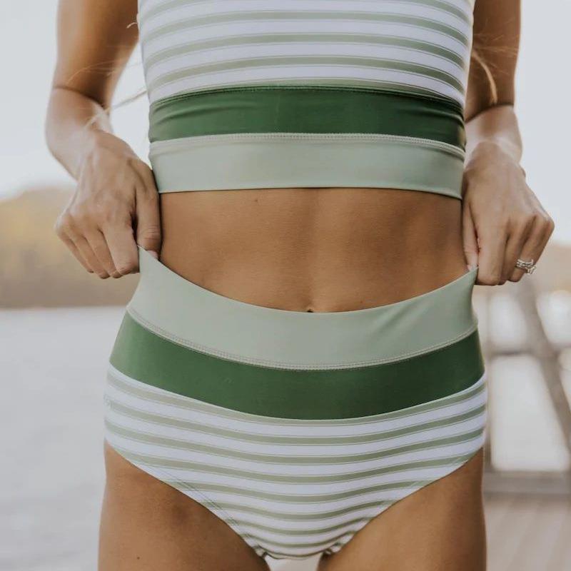 Women Swimsuit Bikini Striped Zipper Colorblock Strapless