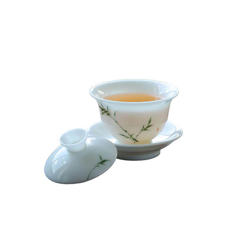 德化白瓷羊脂玉冰种三才不烫手玉瓷竹叶盖碗茶杯泡茶碗茶具套装