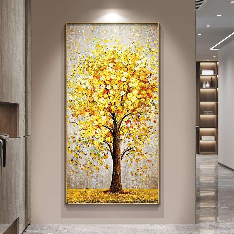 玄关手绘油画发财树挂画立体厚油手工肌理壁画走廊过道竖版装饰画
