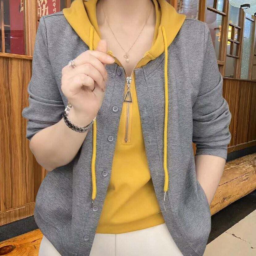 中老年时尚女装百搭宽松假两件洋派妈妈衣服长袖T恤春秋新款上衣