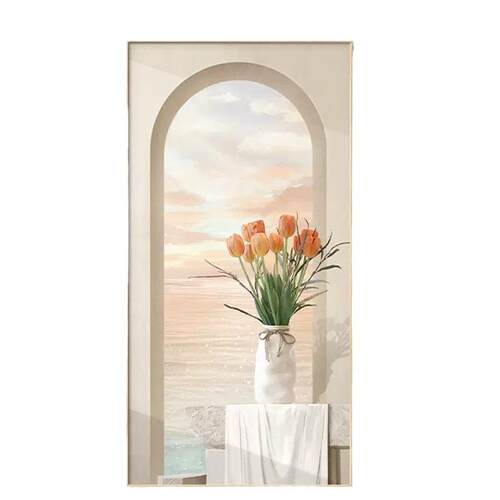 奶油风玄关装饰画海景日出绿植花卉壁画北欧竖版高档走廊过道挂画
