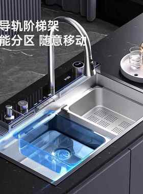 银色鲸鱼瀑布水槽304不锈钢原色家用多功能数显厨房大单水槽洗菜