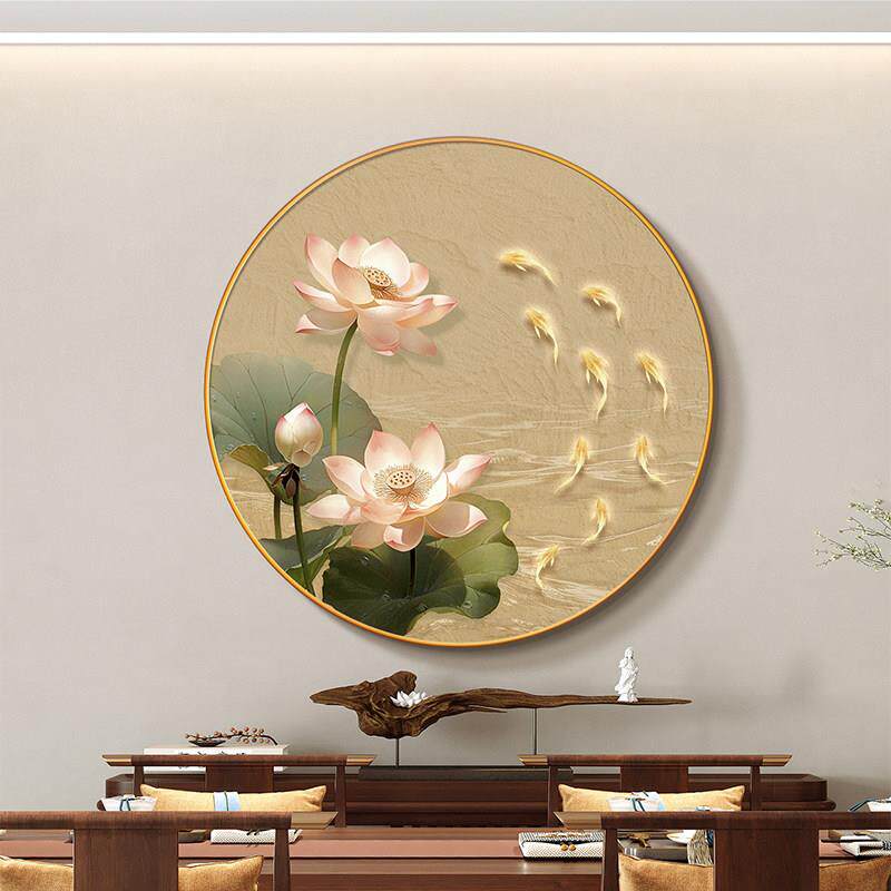 荷花九鱼图圆形玄关装饰画 画新中式客厅沙发背景墙挂画 画聚财饭
