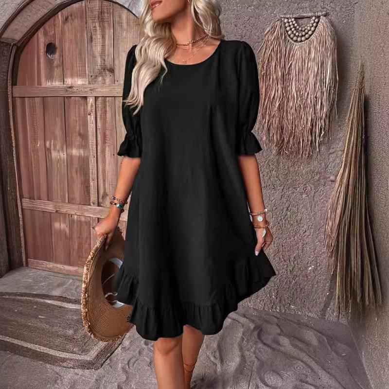 Womens Retro Cotton and Linen Mid-Sleeve Round Neck Solid
