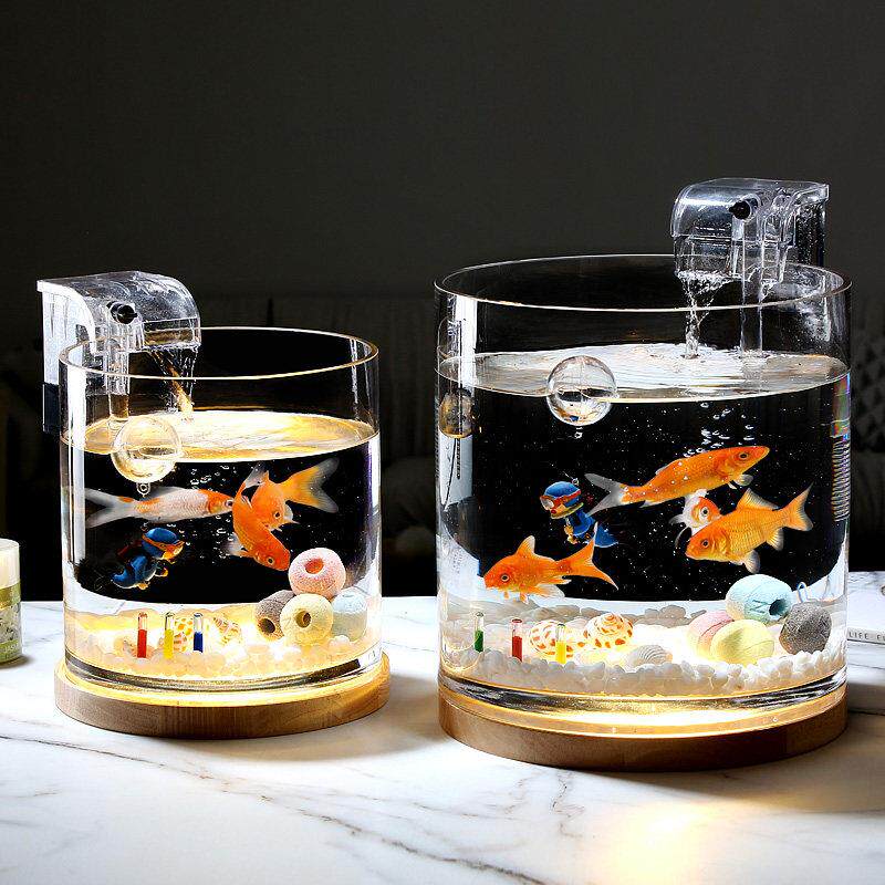 创意超白加厚玻璃圆柱形鱼缸办公室办公桌客厅小金鱼鱼缸圆形圆柱