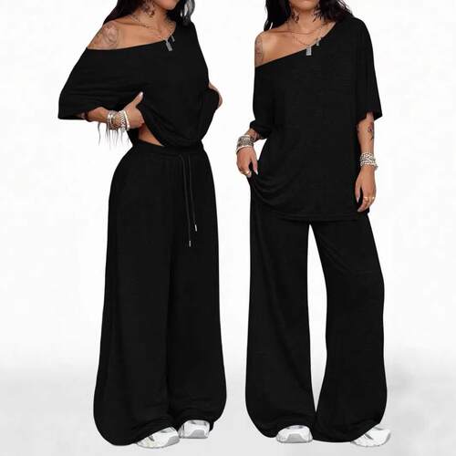 Women Casual Color Two Set Pants Leg Slant Neck Pant Suit