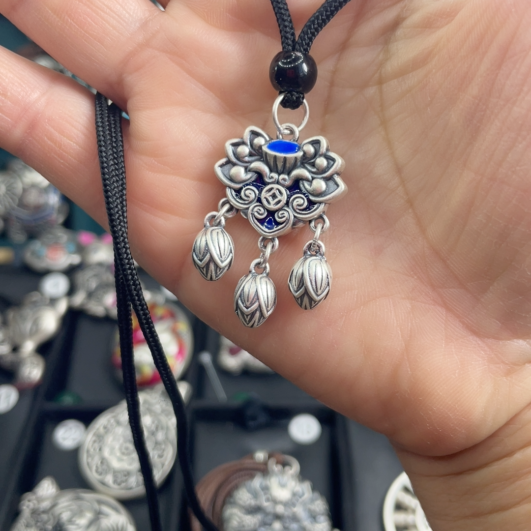 纯银莲花流苏莲蓬珐琅吊坠