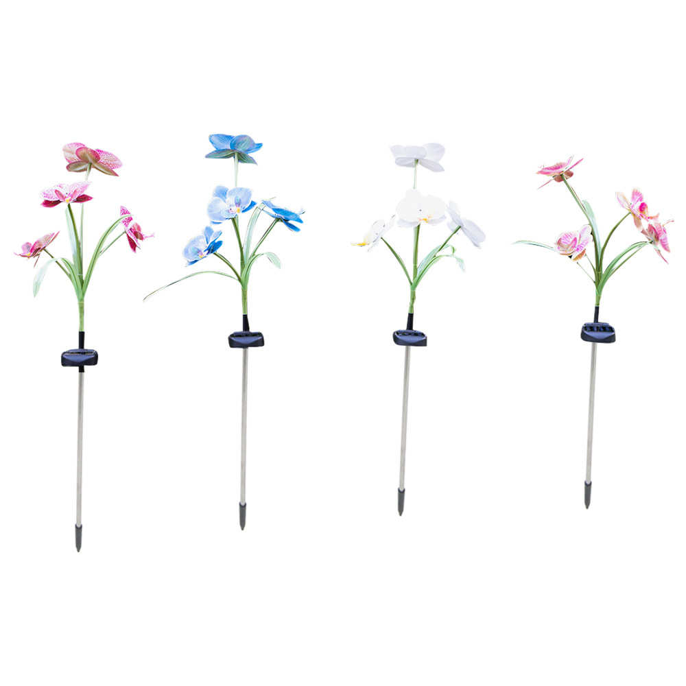 太阳能4头蝴蝶兰彩色变色地插灯LED灯胶片蝴蝶兰仿真花草坪花园灯