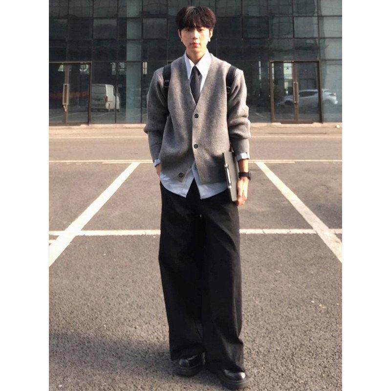 2026春季韩系学院风v领针织开衫男穿搭套装领带衬衫垂感直筒西裤