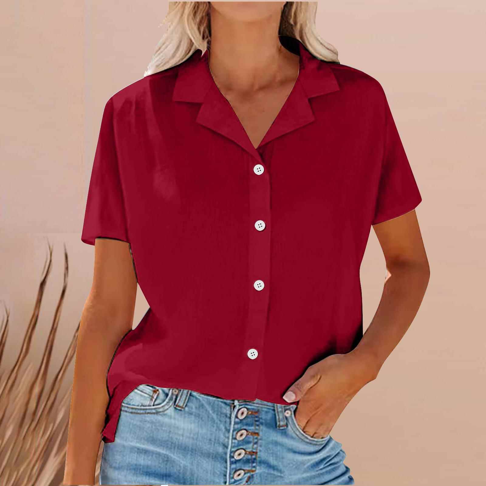 Womens shirt short sleeve solid color button lapel cotton