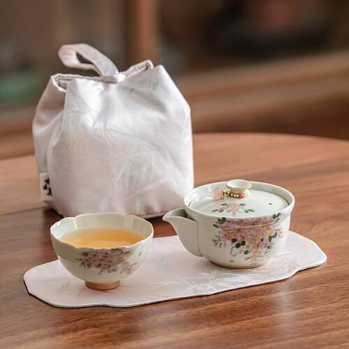 冰台手绘紫藤快客杯一壶一杯旅行茶具套装户外泡茶壶便携收纳包